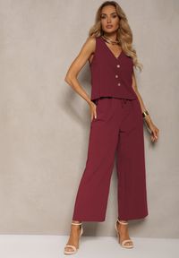 Renee - Bordowy Komplet z Bawełny Bluzka z Guzikami Szerokie Spodnie z Gumką w Talii Floricella. Kolor: czerwony. Materiał: bawełna. Wzór: aplikacja #3