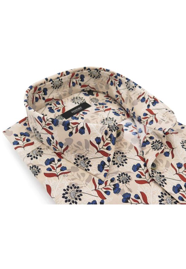 Mmer / Villaro - Koszule męskie - Beżowa koszula w kwiaty Mmer E055. Kolor: beżowy. Materiał: bawełna, elastan, tkanina. Długość: długie. Wzór: kwiaty. Styl: elegancki, klasyczny