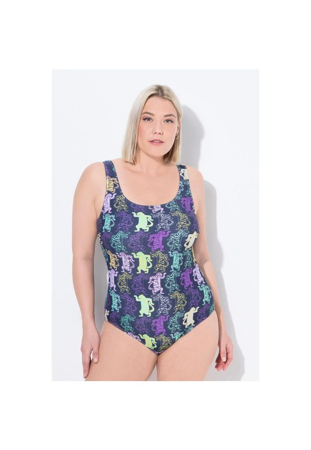 ULLA POPKEN - Damskie Kostium kąpielowy tygrysi wzór bez miękkich miseczek okrągły dekolt. Kolekcja: plus size. Kolor: wielokolorowy, niebieski, zielony. Materiał: poliamid, materiał, elastan