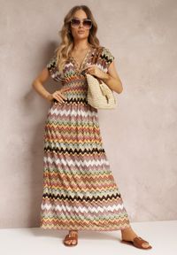 Renee - Beżowa Wzorzysta Sukienka Maxi z Gumką w Talii i Rozkloszowanym Dołem Noareya. Okazja: na co dzień. Kolor: beżowy. Typ sukienki: kopertowe, proste. Styl: casual. Długość: maxi #4