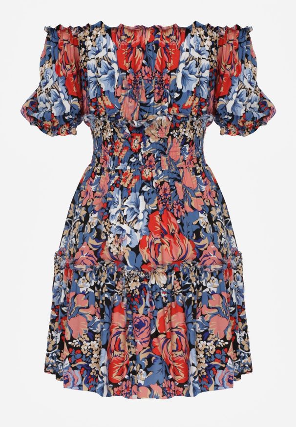 Renee - Niebiesko-Czarna Rozkloszowana Sukienka Mini z Gumkami w Pasie i Krótkimi Rękawami z Wiskozy Merrelle. Typ kołnierza: kołnierz z falbankami, dekolt hiszpanka. Kolor: niebieski. Materiał: wiskoza. Długość rękawa: krótki rękaw. Sezon: wiosna, lato. Długość: mini