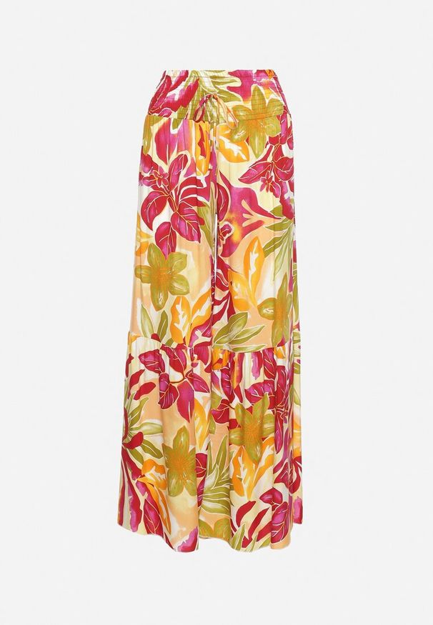 Born2be - Żółto-Różowe Wiskozowe Spodnie Typu Palazzo z Cienkimi Gumkami w Pasie i Wysokim Stanem Graesta. Okazja: na spotkanie biznesowe. Stan: podwyższony. Kolor: żółty. Materiał: wiskoza. Długość: długie. Styl: biznesowy, elegancki