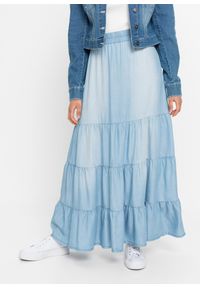 bonprix - Długa spódnica z falban. Kolor: niebieski. Materiał: denim. Długość: długie #1