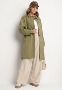 Born2be - Zielony Płaszcz Jednorzędowy z Kołnierzykiem Ronisse. Okazja: na co dzień. Kolor: zielony. Materiał: jeans. Styl: klasyczny, casual, elegancki #3
