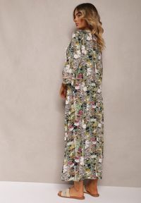 Renee - Beżowo-Granatowa Sukienka Boho z Wiskozy Ozdobiona Ażurową Koronką i Chwostami Giorna. Kolor: beżowy. Materiał: koronka, wiskoza. Wzór: aplikacja, ażurowy, koronka. Sezon: lato. Styl: boho #4