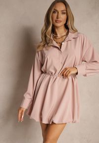 Renee - Różowa Sukienka Koszulowa Typu Bombka Ozdobiona Paskiem Lavirivae. Okazja: na co dzień. Kolor: różowy. Długość rękawa: długi rękaw. Wzór: aplikacja. Typ sukienki: bombki, koszulowe. Styl: casual, elegancki #3