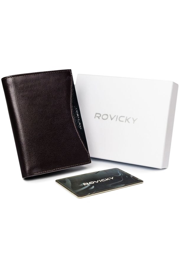 ROVICKY - Portfel męski brązowy z czarną wstawką Rovicky 1541-03-BOR-1300 BRO. Kolor: brązowy, czarny, wielokolorowy. Materiał: skóra