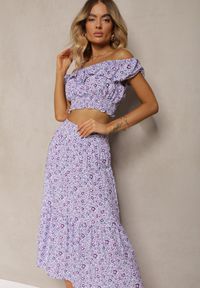 Renee - Fioletowy 2-częściowy Komplet Bawełniany z Topem i Długą Spódnicą w Kwiaty Agnda. Kolor: fioletowy. Materiał: bawełna. Wzór: kwiaty