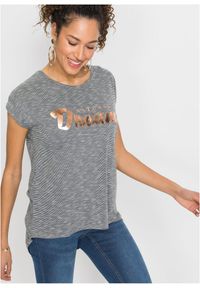 bonprix - Długi T-shirt z mieszanki wiskozy. Kolor: szary. Materiał: wiskoza. Długość: długie. Wzór: napisy. Styl: elegancki #1