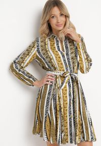 Born2be - Żółta Sukienka Koszulowa z Wiskozy Rozkloszowana z Materiałowym Paskiem Sigina. Okazja: do pracy. Kolor: żółty. Materiał: wiskoza, materiał. Długość rękawa: długi rękaw. Typ sukienki: koszulowe #3