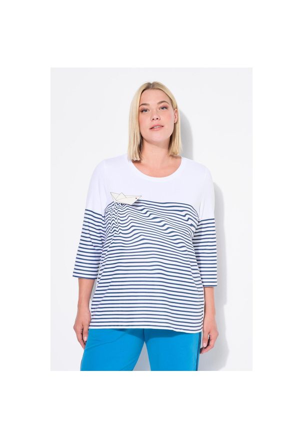 ULLA POPKEN - Damskie Bluzka pasy papierowa łódka dekolt łódkowy rękawy 3/4. Kolekcja: plus size. Kolor: biały. Materiał: materiał, elastan, bawełna. Długość rękawa: długi rękaw