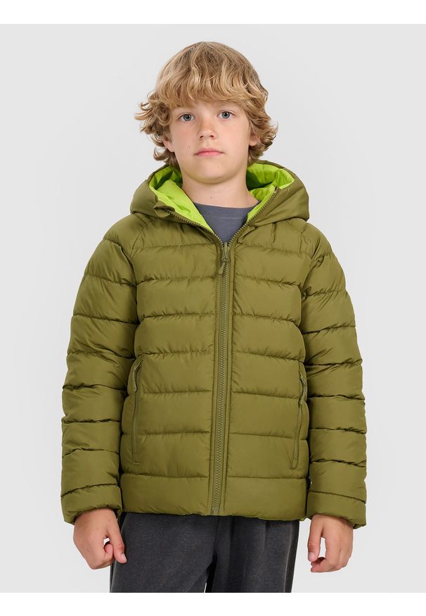 4f - 4F Kurtka puchowa dwustronna z wypełnieniem syntetycznym chłopięca - oliwkowa/khaki 164 (13-14 lat). Okazja: na spacer, na co dzień, na uczelnię. Kolor: oliwkowy, brązowy, wielokolorowy. Materiał: puch, syntetyk. Sezon: lato. Styl: casual, klasyczny