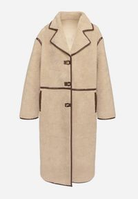 Born2be - Beżowy Jednorzędowy Płaszcz z Futerka Typu Baranek z Ozdobnymi Przeszyciami Zinnamira. Okazja: na co dzień. Kolor: beżowy. Materiał: futro. Długość rękawa: długi rękaw. Długość: długie. Styl: wizytowy, casual, klasyczny, elegancki #6