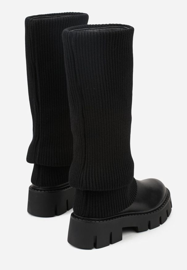 Born2be - Czarne Kozaki na Grubej Podeszwie z Wywiniętą Dzianinową Cholewką Fenisana. Kolor: czarny. Materiał: dzianina. Szerokość cholewki: normalna