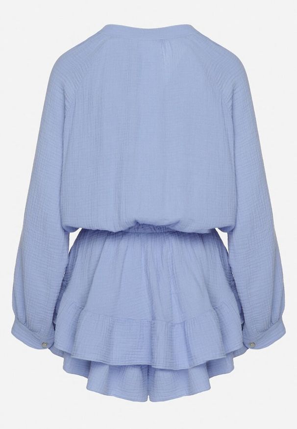 Born2be - Niebieski Wiązany Bawełniany Kombinezon Boho z Falbankami i Wiązaniem Lalelia. Okazja: na co dzień, na imprezę. Kolor: niebieski. Materiał: bawełna. Sezon: lato. Styl: boho