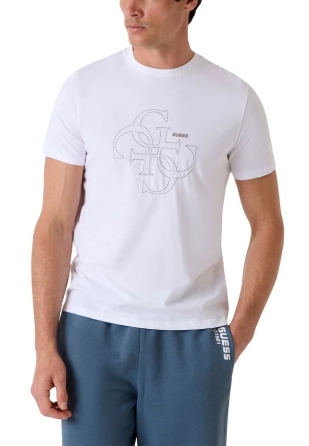 Guess - GUESS Biały bawełniany t-shirt męski na krótki rękaw z wyszywanym logo 4G Tiberio, Rozmiar XXL. Okazja: na co dzień. Kolor: biały. Materiał: bawełna. Długość rękawa: krótki rękaw. Długość: krótkie. Styl: casual, sportowy