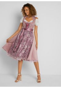 Sukienka w ludowym stylu w żakardowy deseń, z haftowanym fartuchem bonprix różowo-brązowy wzorzysty. Kolor: różowy. Materiał: żakard. Wzór: haft #5