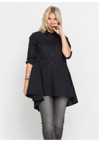 bonprix - Długa bluzka z falbaną. Typ kołnierza: kołnierzyk koszulowy. Kolor: czarny. Długość: długie #1