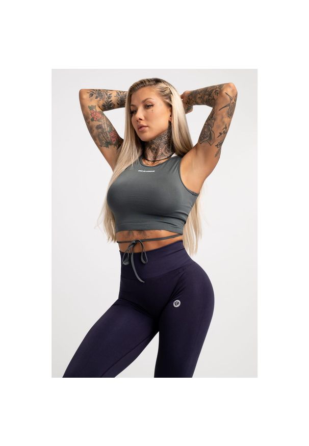 GYM GLAMOUR - Top fitness damski Gym Glamour wiązany. Kolor: szary. Styl: glamour