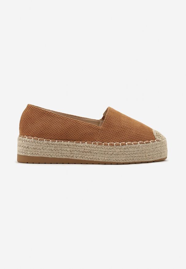 Renee - Brązowe Casualowe Espadryle na Grubej Podeszwie Ozdobionej Plecionką Honorelle. Okazja: na co dzień. Kolor: brązowy. Materiał: len, jeans. Wzór: aplikacja. Sezon: lato, wiosna. Styl: casual
