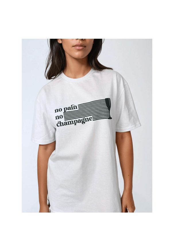 BESHAPED - Biały T-shirt Damski - No Pain No Champagne BeShaped. Kolor: zielony. Materiał: bawełna