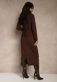 Renee - Brązowy Elegancki Komplet Garniturowy z Wiskozą Taliowana Marynarka i Spódnica Zaite. Kolor: brązowy. Materiał: wiskoza. Wzór: aplikacja #2