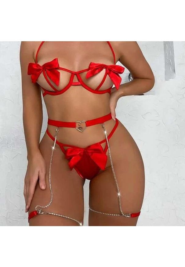 Intica - Komplet bielizny z kokardami i łańcuszkiem na romantyczne wieczory Reinlinde. Kolor: czerwony. Materiał: materiał