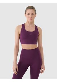 4f - 4F Biustonosz treningowy z niskim wsparciem damski - fioletowy S. Kolor: fioletowy. Materiał: dzianina, elastan, włókno, syntetyk, materiał, guma. Rodzaj stanika: wyciągane miseczki. Wzór: gładki, jednolity, ze splotem. Sport: fitness, joga i pilates #1