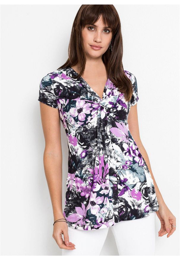 bonprix - T-shirt z mieszanki wiskozy. Typ kołnierza: dekolt w serek. Kolor: czarny. Materiał: wiskoza. Wzór: gładki, nadruk, aplikacja