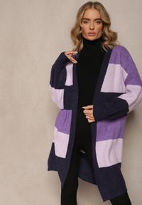 Renee - Fioletowy Luźny Kardigan Niezapinany w Paski Blikoze. Kolor: fioletowy. Materiał: dzianina. Długość rękawa: długi rękaw. Długość: długie. Wzór: paski #4