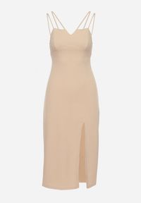 Born2be - Beżowa Sukienka na Ramiączkach z Rozcięciem Sophiya. Kolor: beżowy. Materiał: tkanina. Długość rękawa: na ramiączkach. Wzór: gładki, aplikacja. Długość: midi #7