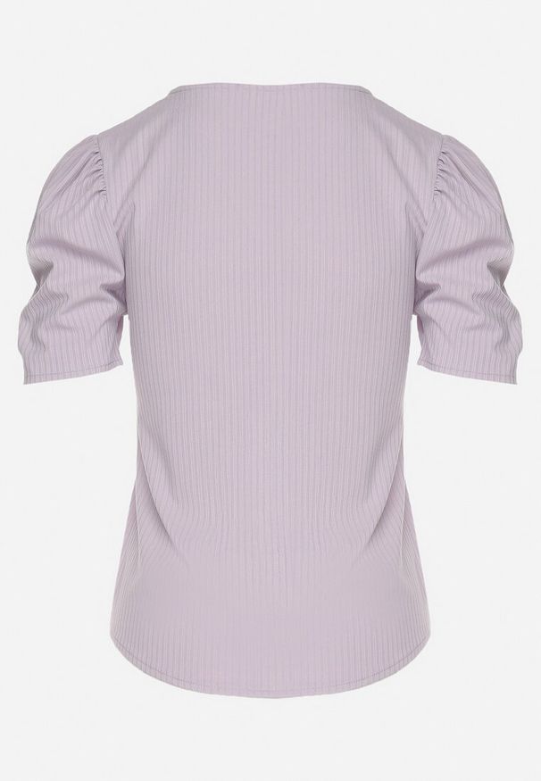 Born2be - Jasnofioletowy Prążkowany T-shirt z Zakładkami przy Rękawach Kolanovia. Okazja: na co dzień. Kolor: fioletowy. Materiał: prążkowany. Styl: casual
