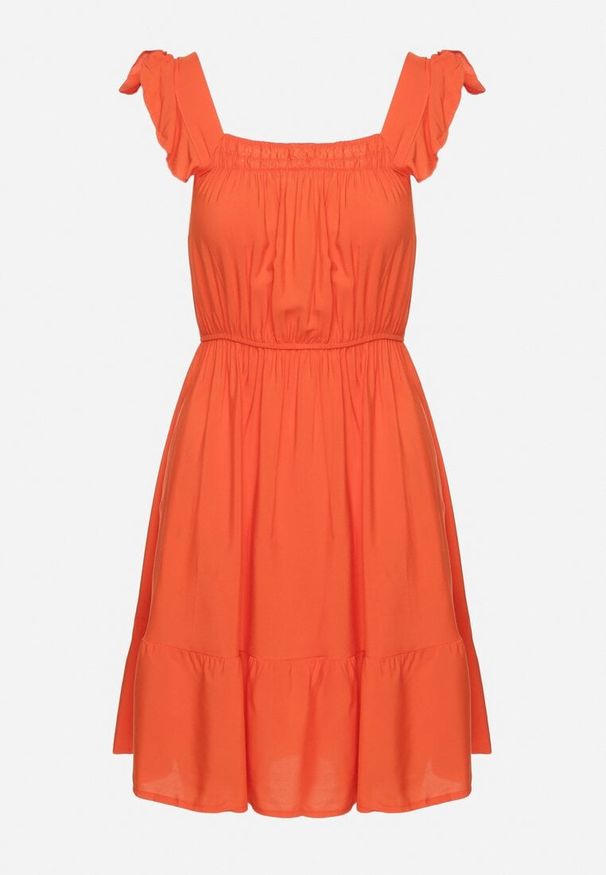 Born2be - Pomarańczowa Sukienka z Wiskozą o Rozkloszowanym Kroju z Gumką w Pasie Lirimere. Okazja: na co dzień. Typ kołnierza: kołnierz z falbankami. Kolor: pomarańczowy. Materiał: wiskoza. Długość rękawa: na ramiączkach. Styl: casual, elegancki