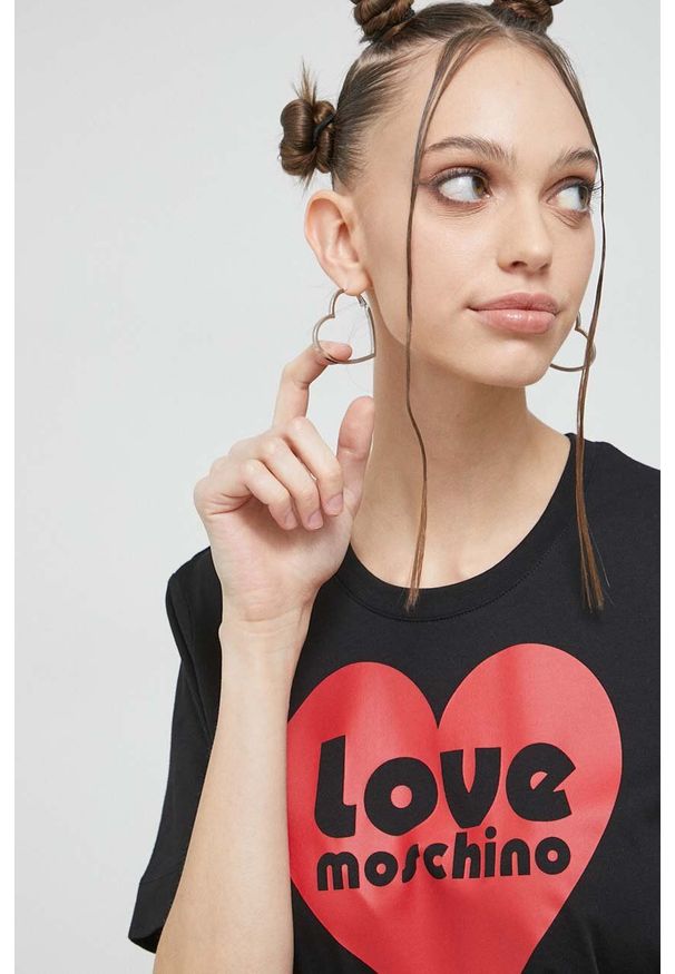 Love Moschino t-shirt bawełniany kolor czarny. Okazja: na co dzień. Kolor: czarny. Materiał: bawełna. Wzór: nadruk. Styl: casual