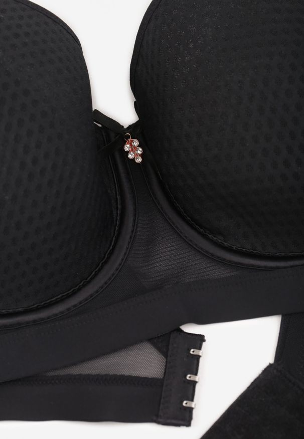 Born2be - Czarny Biustonosz Ozdobiony Kokardką i Perforacją Credefia. Kolor: czarny. Materiał: jedwab, szyfon, bawełna. Wzór: aplikacja