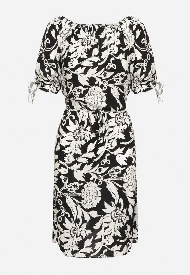 Born2be - Czarna Bawełniana Sukienka w Ornamentalne Rośliny z Wiązaniem Przy Rękawach Tosvena. Okazja: na co dzień, na imprezę, na spacer. Kolor: czarny. Materiał: bawełna. Styl: casual, elegancki