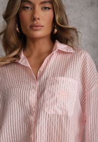 Renee - Różowa Koszula Oversize z Tencelu w Paski z Haftowanym Wzorem Tidore. Okazja: na co dzień. Kolor: różowy. Materiał: poliester, jeans, materiał. Wzór: haft, paski. Styl: casual, elegancki #4