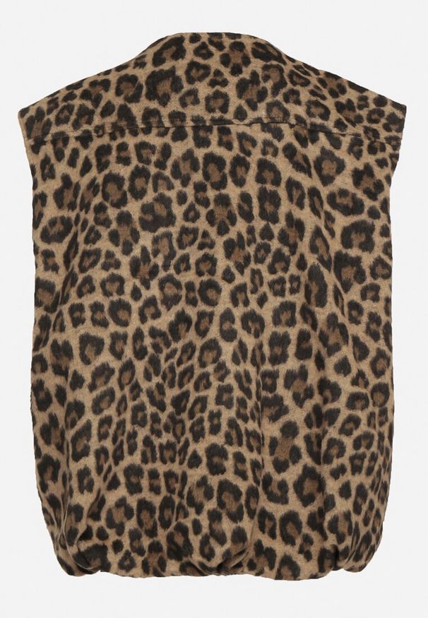 Born2be - Brązowa Panterkowa Kamizelka z Lnem o Kroju Oversize Enalorin. Okazja: na co dzień. Kolor: brązowy. Materiał: len. Styl: casual