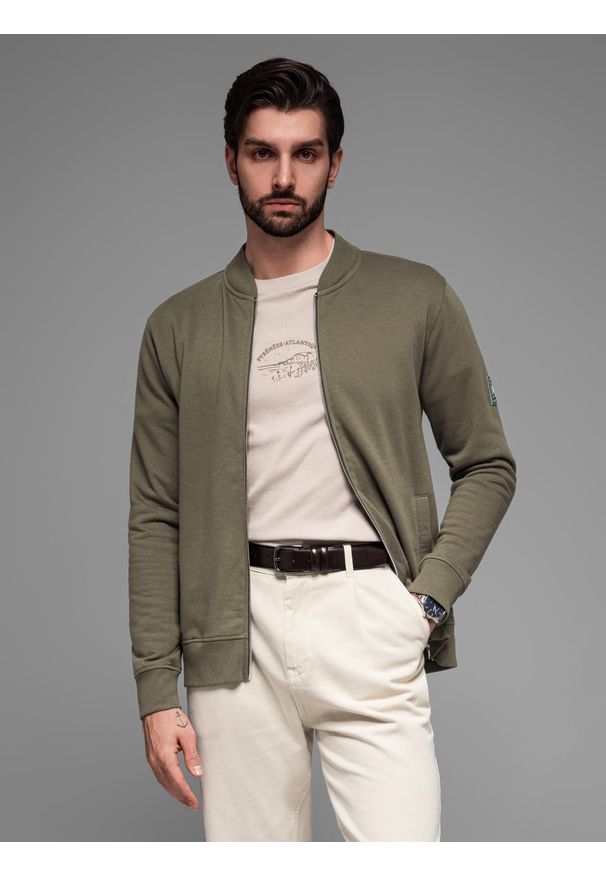 Ombre Clothing - Bawełniana rozpinana bluza męska dresowa bomberka – khaki V1 - Rozmiar: XL. Okazja: na co dzień. Kolor: brązowy. Materiał: dresówka, bawełna. Wzór: aplikacja. Styl: sportowy, casual, elegancki