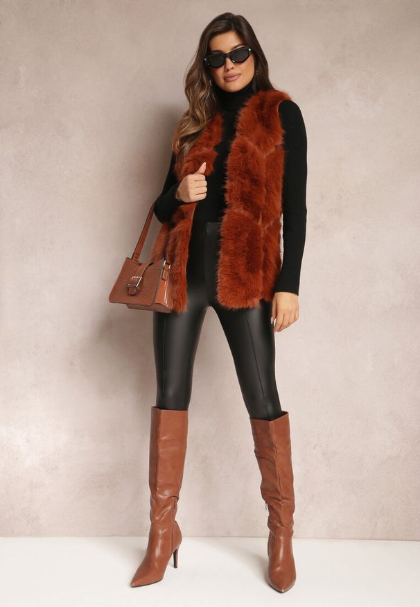 Renee - Brązowo-Pomarańczowa Futrzana Kamizelka z Wstawkami z Ekoskóry Lewja. Kolor: brązowy. Materiał: futro