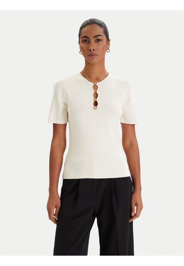 Karl Lagerfeld - KARL LAGERFELD Bluzka B1W18014 Écru Slim Fit. Typ kołnierza: dekolt w karo. Kolor: kremowy. Materiał: wiskoza