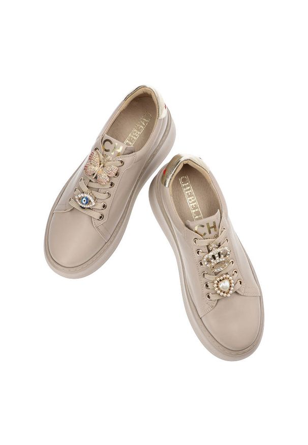 CheBello - Beżowe Sneakersy Chebello Damskie Stylowe Obuwie. Okazja: na co dzień. Kolor: beżowy. Materiał: skóra. Szerokość cholewki: normalna. Obcas: na platformie