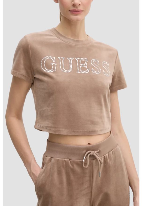 Guess - GUESS Brązowy top damski Couture Tee. Kolor: brązowy