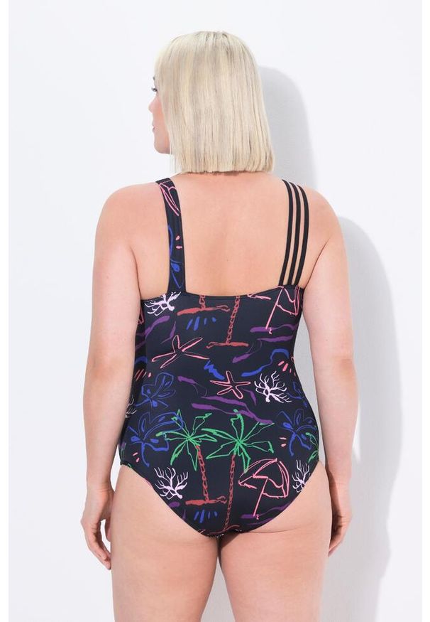 ULLA POPKEN - Damskie Strój kąpielowy plażowy wzór miękkie miseczki. Kolekcja: plus size. Kolor: czarny. Materiał: poliamid, poliester, materiał, elastan