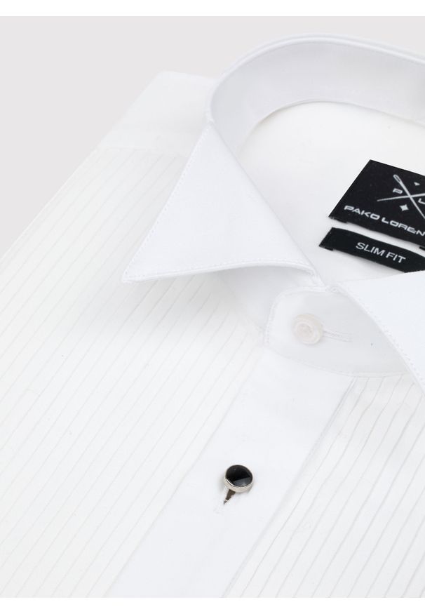 Pako Lorente - PAKO LORENTE – Biała smokingowa koszula męska. Typ kołnierza: łamany. Kolor: biały. Materiał: bawełna. Długość rękawa: długi rękaw. Długość: długie