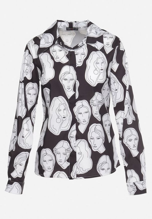 Born2be - Czarno-Biała Koszula z Artystycznym Nadrukiem Twarzy Dremelia. Typ kołnierza: dekolt w serek. Kolor: czarny. Długość rękawa: długi rękaw. Długość: długie. Wzór: nadruk. Styl: elegancki, klasyczny