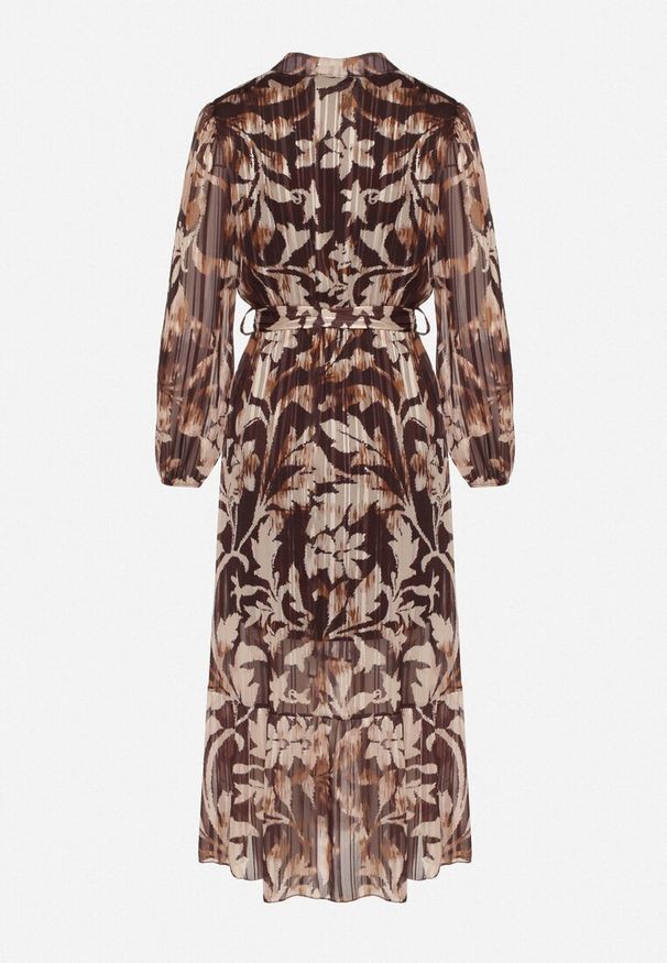 Born2be - Beżowa Rozkloszowana Sukienka z Wiązanym Paskiem i Metaliczną Nicią Nalirina. Okazja: na co dzień. Typ kołnierza: dekolt w kształcie V. Kolor: beżowy. Materiał: elastan, wiskoza. Wzór: aplikacja. Typ sukienki: rozkloszowane, proste. Styl: klasyczny, casual, elegancki