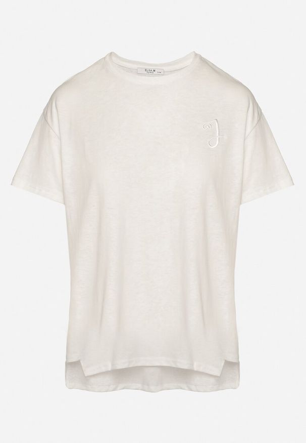 Born2be - Biały T-shirt z Asymetrycznym Tyłem i Ozdobnym Haftem Ninissara. Okazja: na spacer. Kolor: biały. Materiał: jeans. Wzór: haft. Styl: klasyczny, elegancki