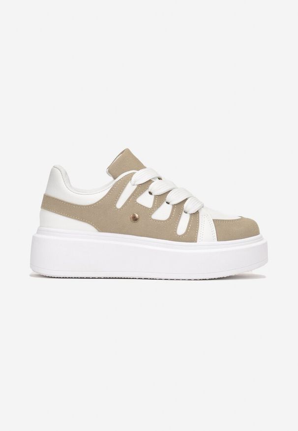 Born2be - Ciemnobeżowe Sneakersy na Platformie Ozdobione Paskami Asmeret. Okazja: na co dzień. Zapięcie: pasek. Kolor: beżowy. Materiał: jeans. Wzór: aplikacja. Obcas: na platformie