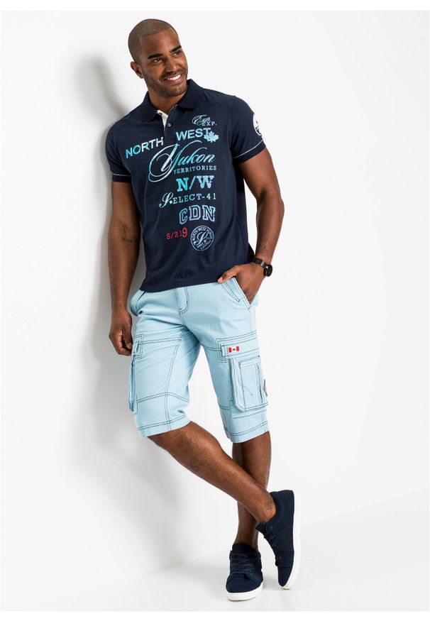 bonprix - Shirt polo z dżerseju, krótki rękaw. Typ kołnierza: polo. Kolor: niebieski. Materiał: jersey. Długość rękawa: krótki rękaw. Długość: krótkie. Wzór: nadruk